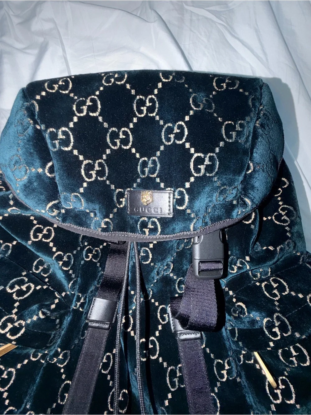Gucci Dark Blue Velvet GG Monogram Backpack with Gold Accents